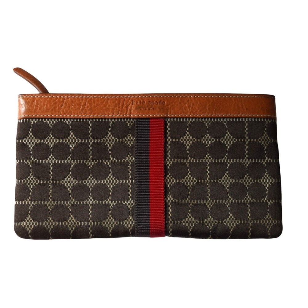 Kate Spade Wristlet Leather Trimmed Printed Tile Weaved Fabric‎ Brown Tan
